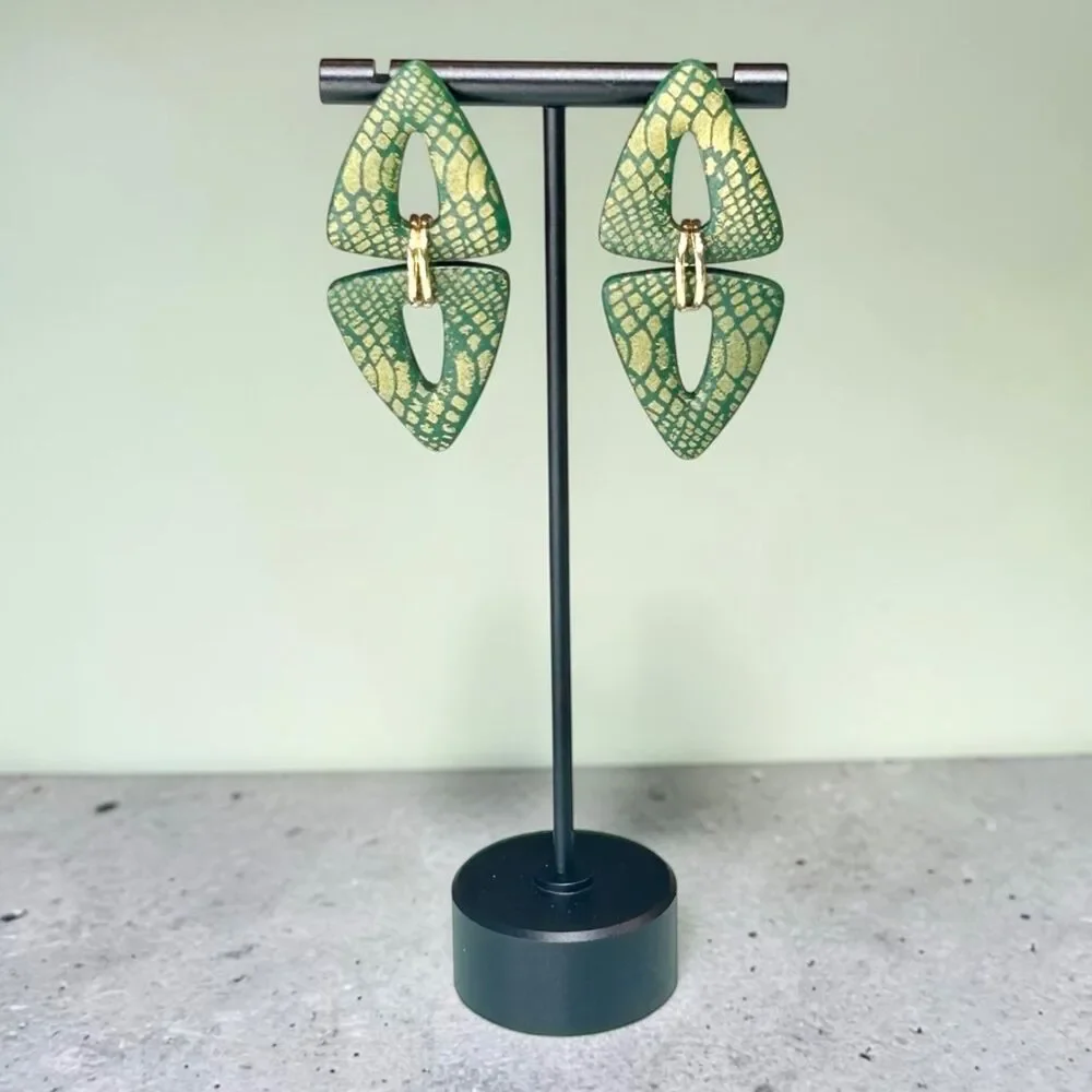 Polymer Clay Lg Dangle Earrings Green Gold Snake Animal Print Handmade SS Posts
